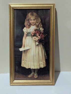Vintage Girl with Bouquet Framed Wall Art - Cream & Gold.  15" X 9" Approx